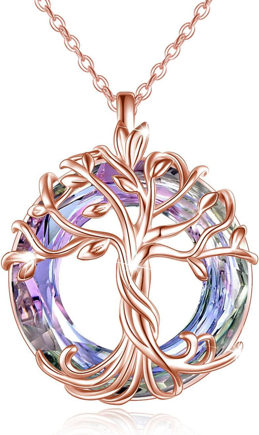 Family Tree of Life Pendant Necklace for Women with Austrian Crystal 925 Sterling Silver for Her Wife Girlfriend Birthday Anniversary Christmas Gifts