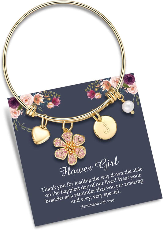 Flower Girl Gifts, 14K Gold Plated Disc Initial Charms Bracelet Wedding Gifts for Girls Stainless Steel Little Girl Letter Bangle Bracelets Flower Girl Gifts from Bride