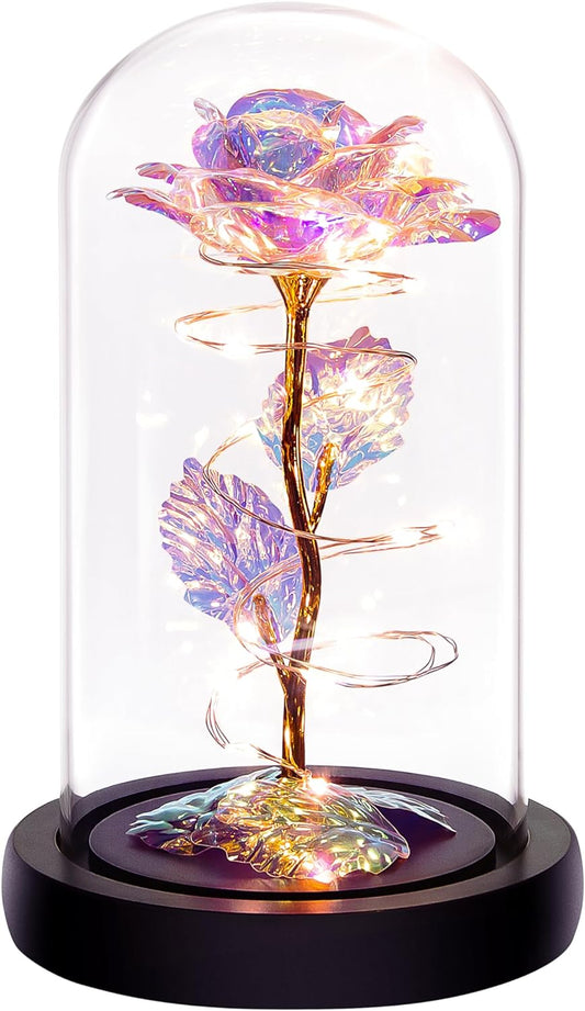 Birthday Gifts for Women,Valentines Day Gifts for Her,Womens Valentines Glass Rose Gifts for Mom,Light up Rose Flowers in Glass Dome,Colorful Rainbow Flower Rose Gifts for Wife,Mom,Girls,Anniversary